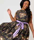 Unique Vintage Plus Size Black Skull Print Margaret Swing Dress