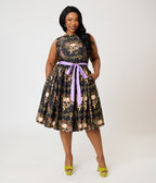 Unique Vintage Plus Size Black Skull Print Margaret Swing Dress