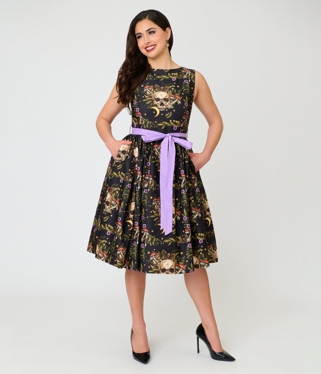 Unique Vintage Black Skull Print Margaret Swing Dress