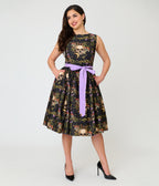 Unique Vintage Black Skull Print Margaret Swing Dress