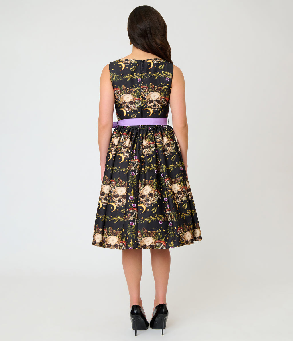 Unique Vintage Black Skull Print Margaret Swing Dress