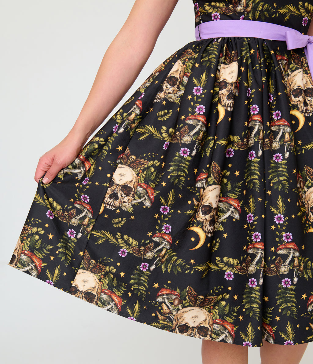Unique Vintage Black Skull Print Margaret Swing Dress