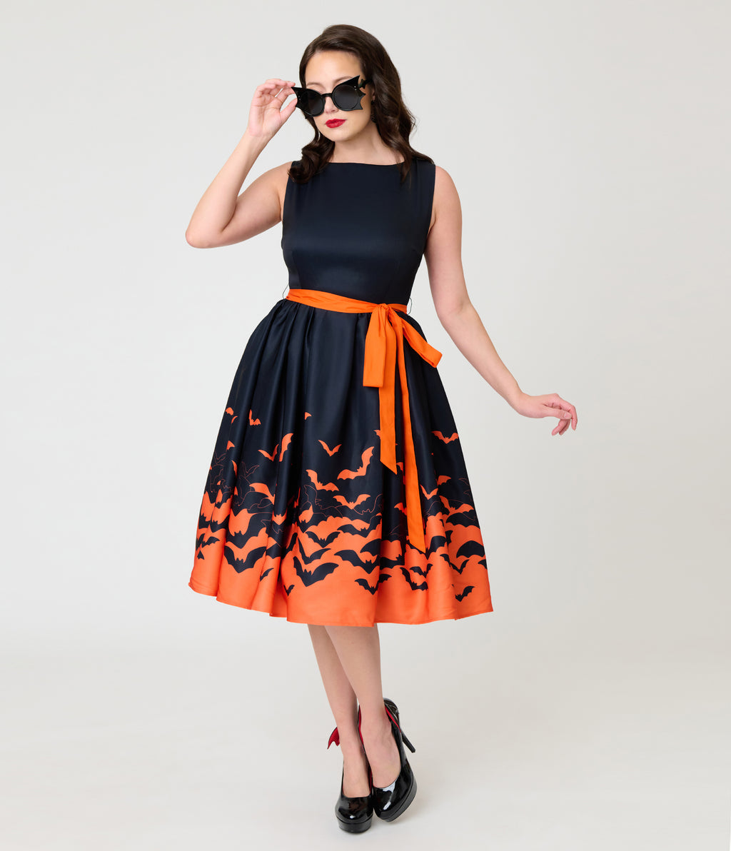 Unique Vintage Black & Orange Bat Print Margaret Swing Dress