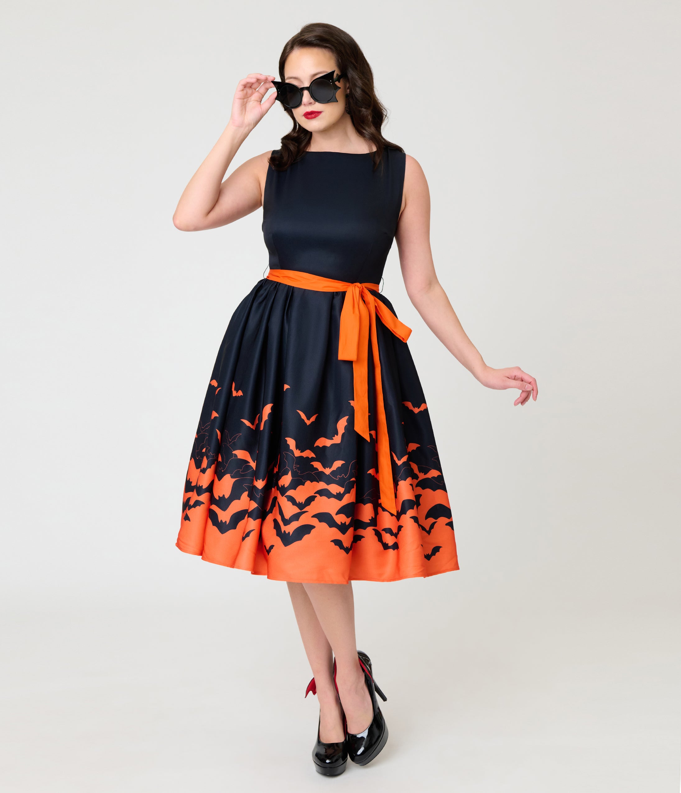 Unique Vintage Black & Orange Bat Print Margaret Swing Dress
