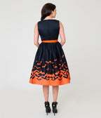 Unique Vintage Black & Orange Bat Print Margaret Swing Dress