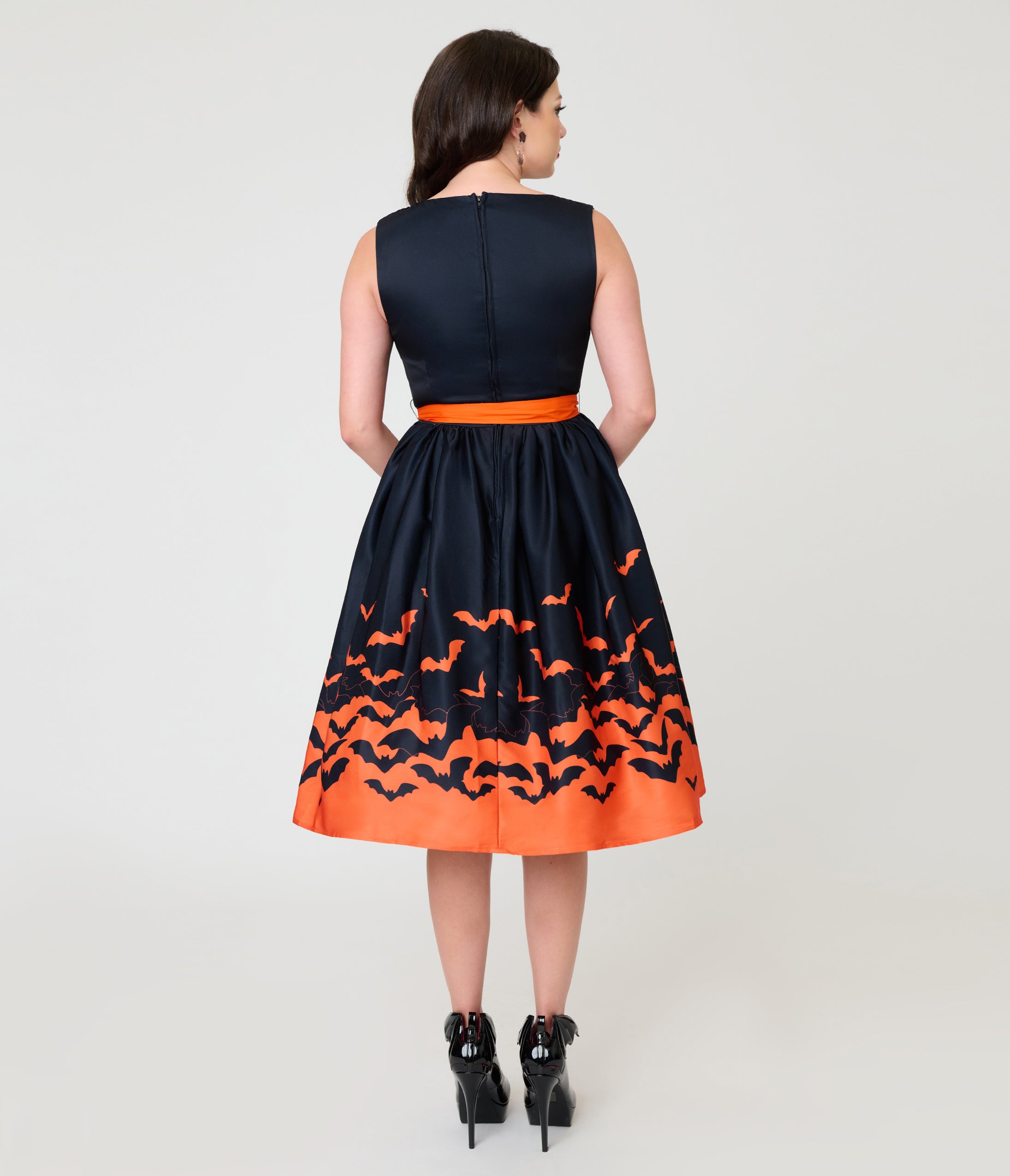 Unique Vintage Black & Orange Bat Print Margaret Swing Dress