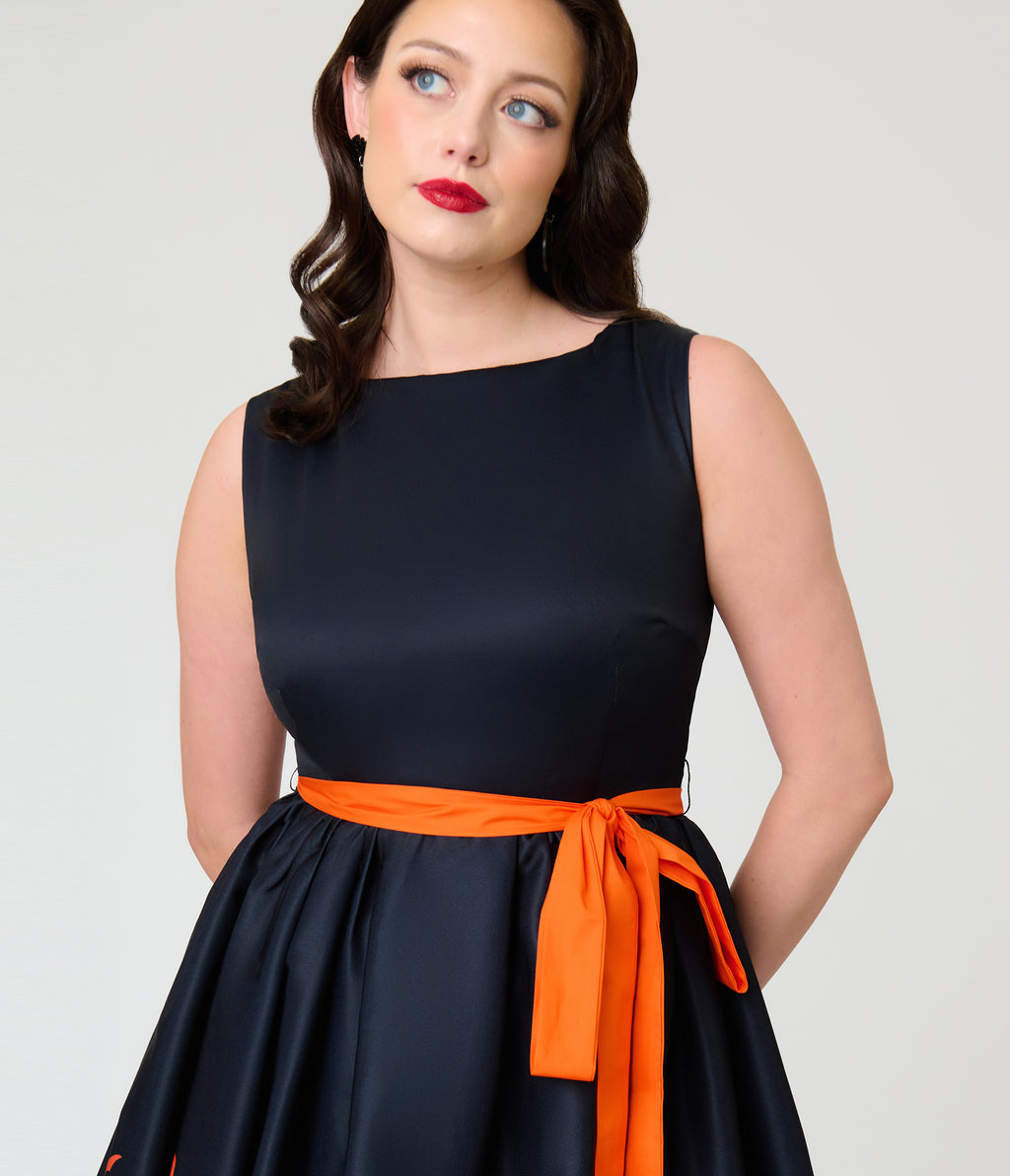 Unique Vintage Black & Orange Bat Print Margaret Swing Dress