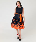 Unique Vintage Black & Orange Bat Print Margaret Swing Dress