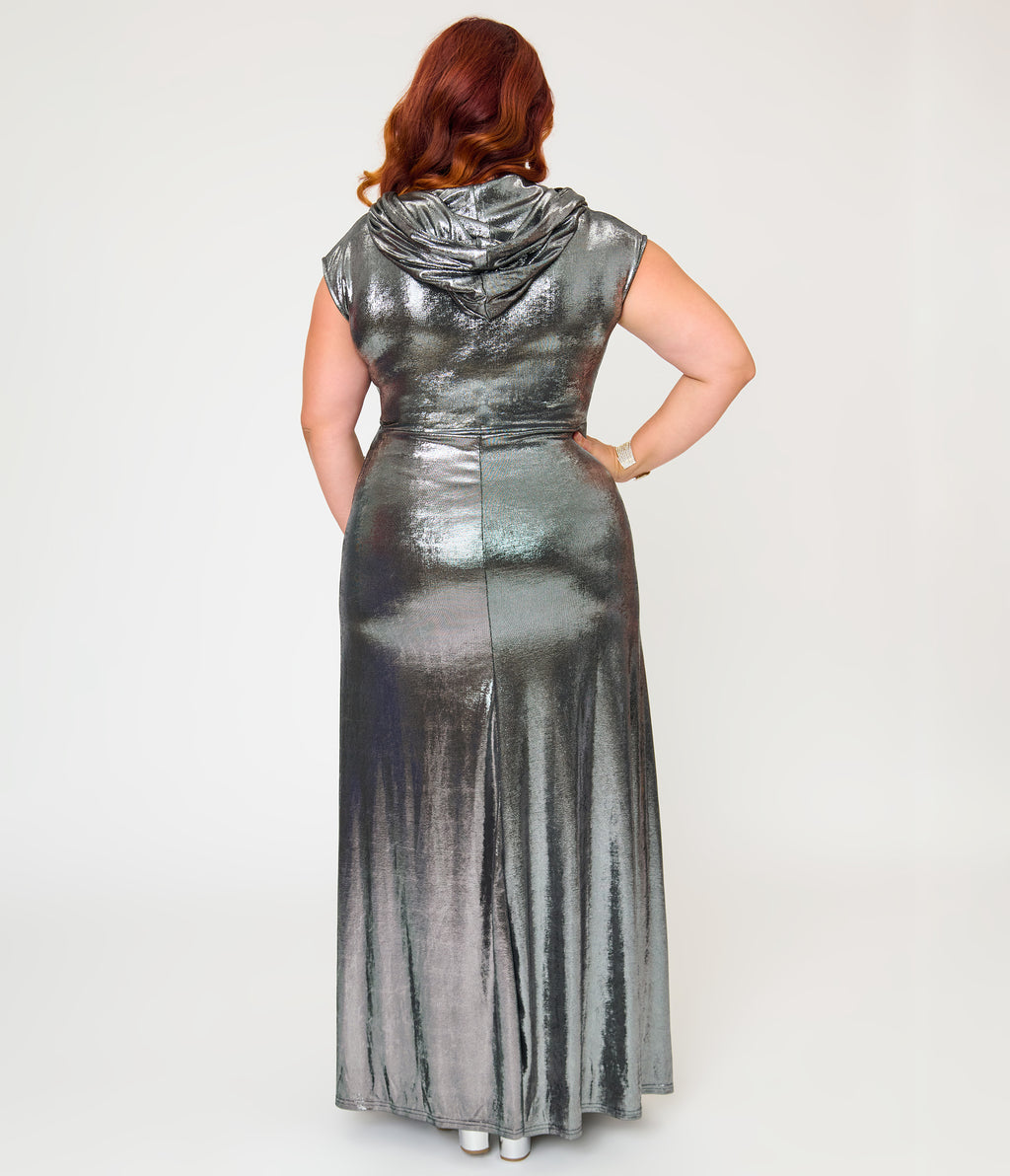 Unique Vintage Plus Size Silver Metallic Hooded Vera Maxi Dress