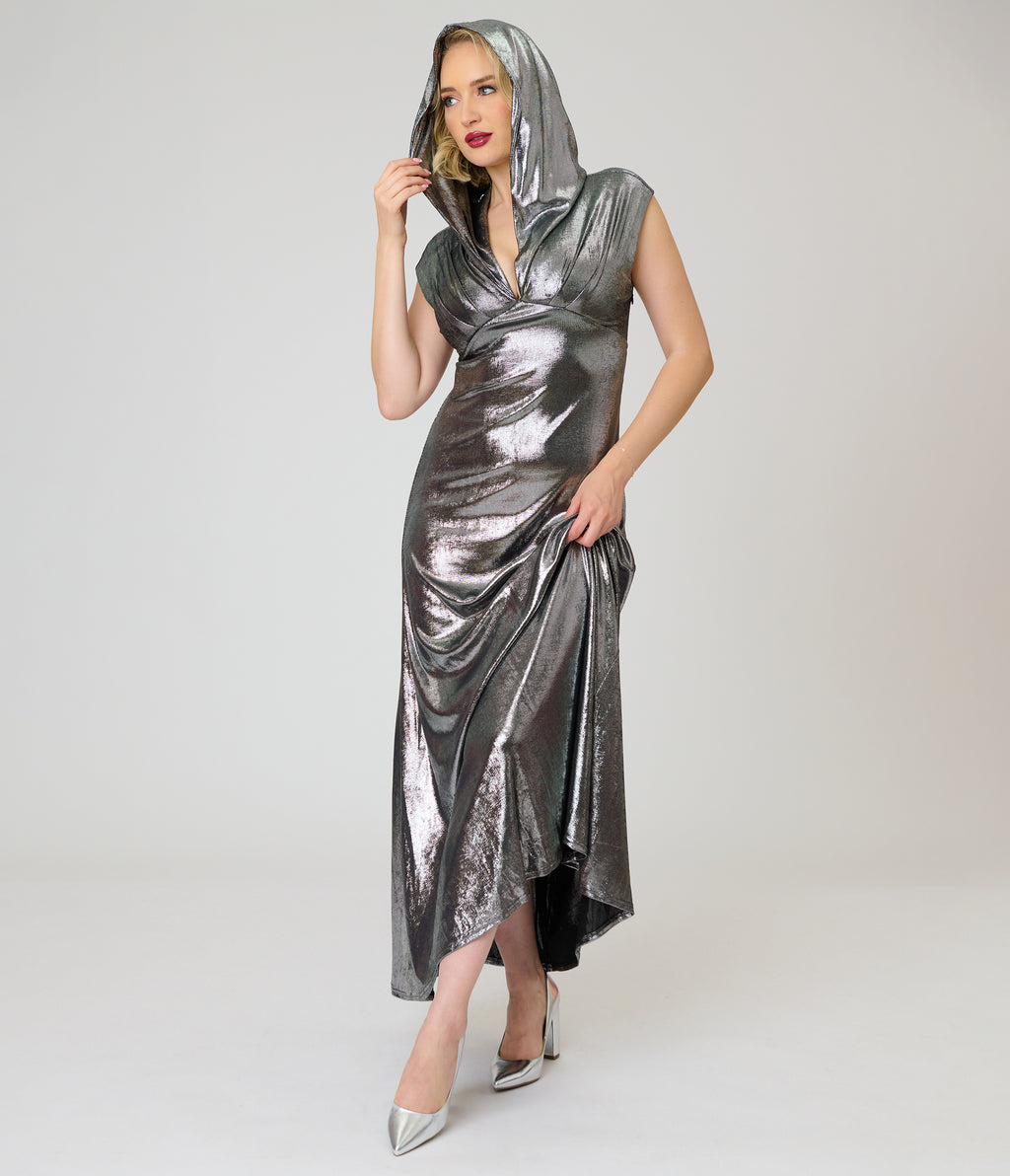 Unique Vintage Silver Metallic Hooded Vera Maxi Dress