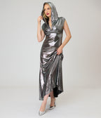 Unique Vintage Silver Metallic Hooded Vera Maxi Dress