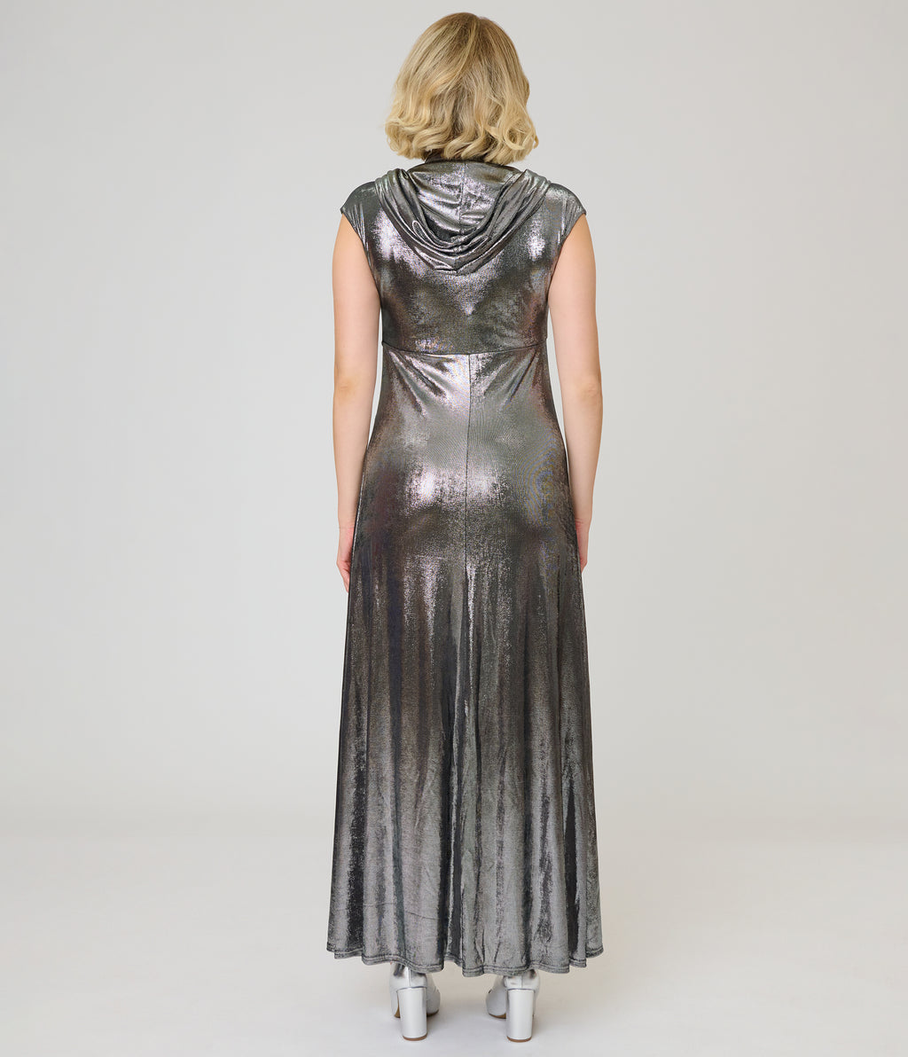 Unique Vintage Silver Metallic Hooded Vera Maxi Dress