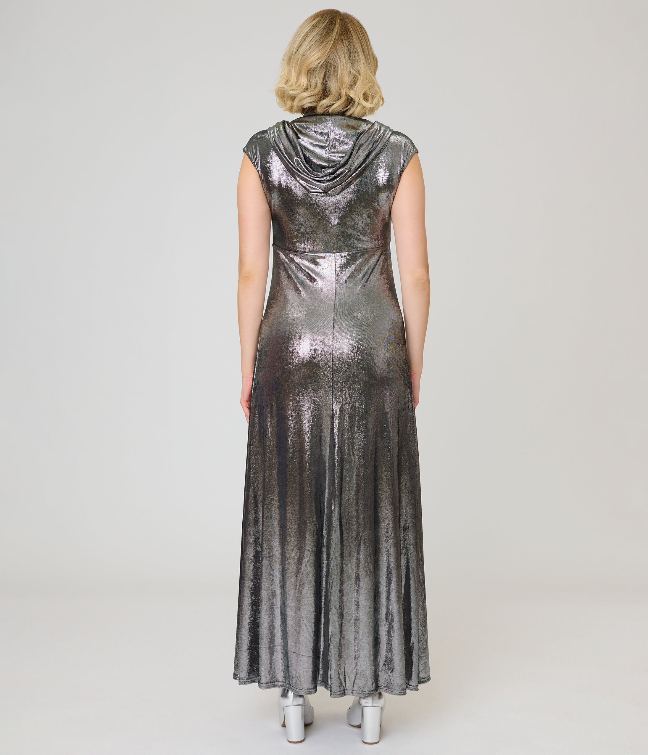 Unique Vintage Silver Metallic Hooded Vera Maxi Dress