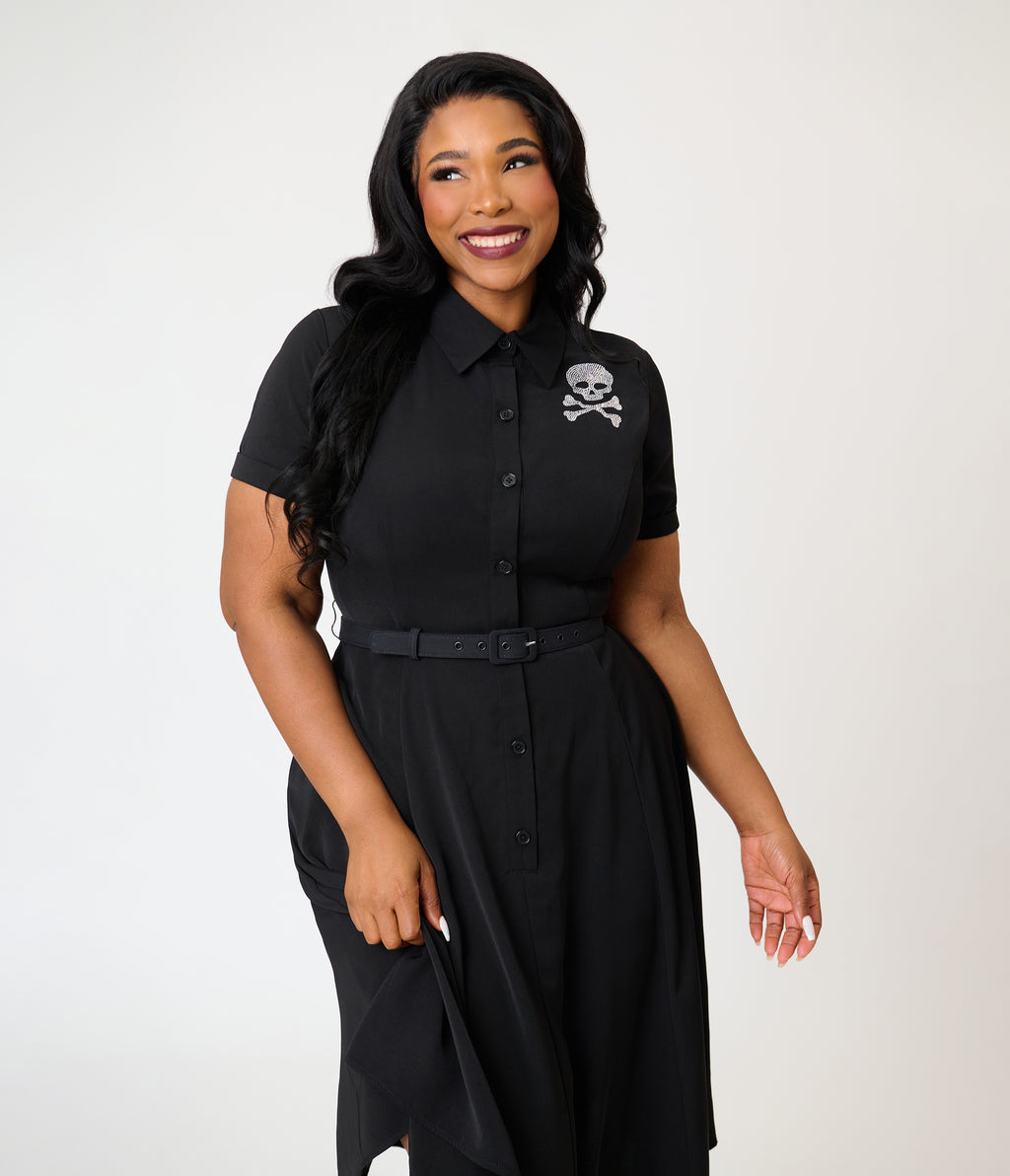 Unique Vintage Plus Size Black & Rhinestone Skull Shadia Shirt Dress