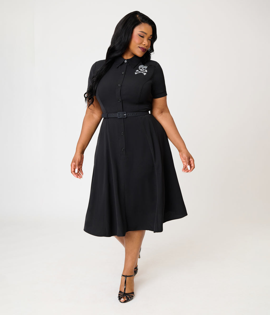 Unique Vintage Plus Size Black & Rhinestone Skull Shadia Shirt Dress
