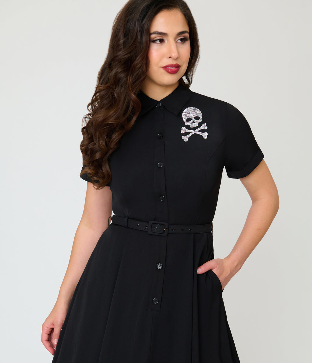 Unique Vintage Black & Rhinestone Skull Shadia Shirt Dress