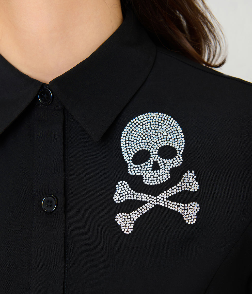 Unique Vintage Black & Rhinestone Skull Shadia Shirt Dress