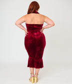 Unique Vintage Plus Size Burgundy Velvet Embossed Halter Penelope Dress