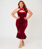 Unique Vintage Plus Size Burgundy Velvet Embossed Halter Penelope Dress
