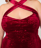 Unique Vintage Plus Size Burgundy Velvet Embossed Halter Penelope Dress