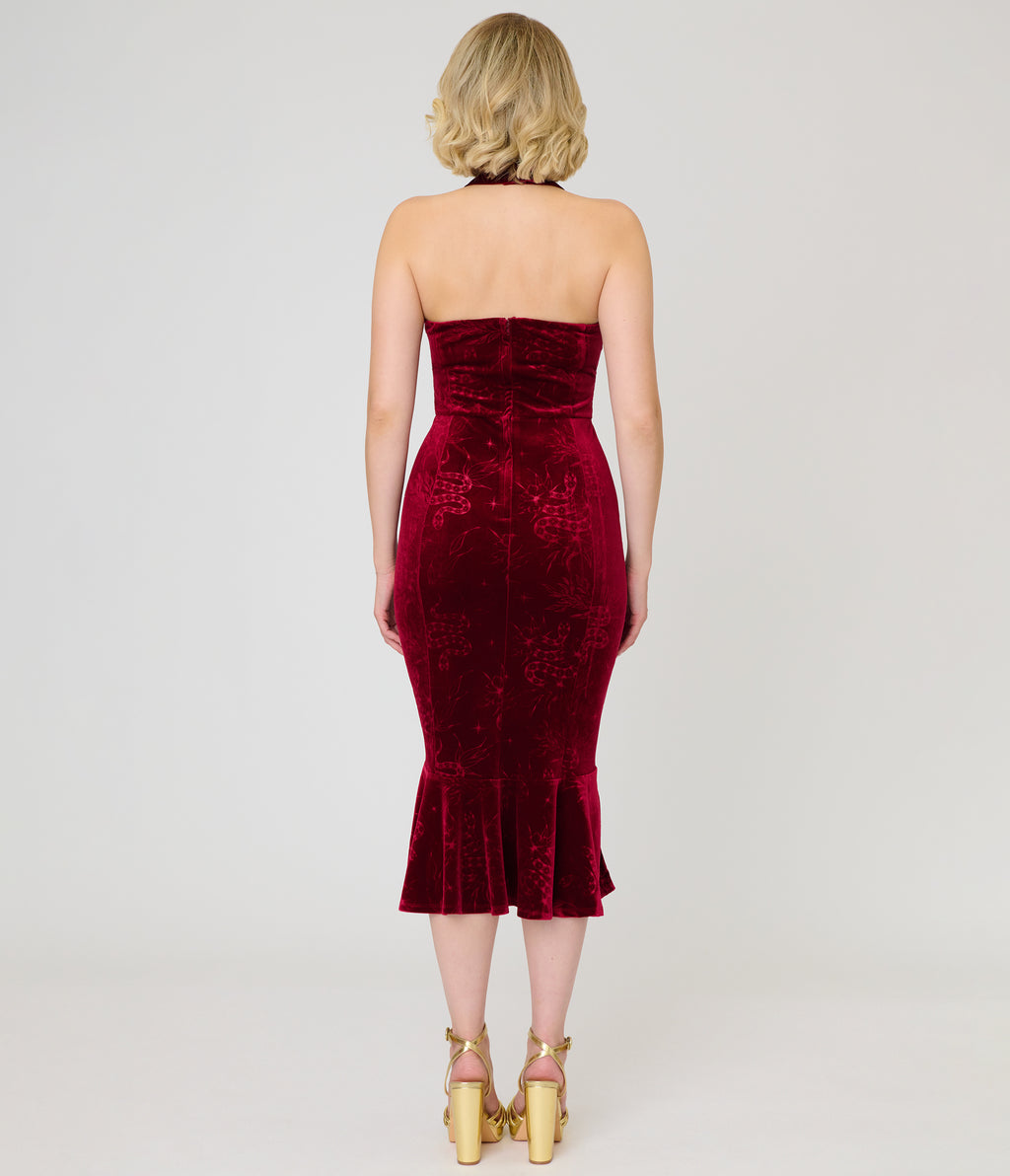 Unique Vintage Burgundy Velvet Embossed Halter Penelope Dress