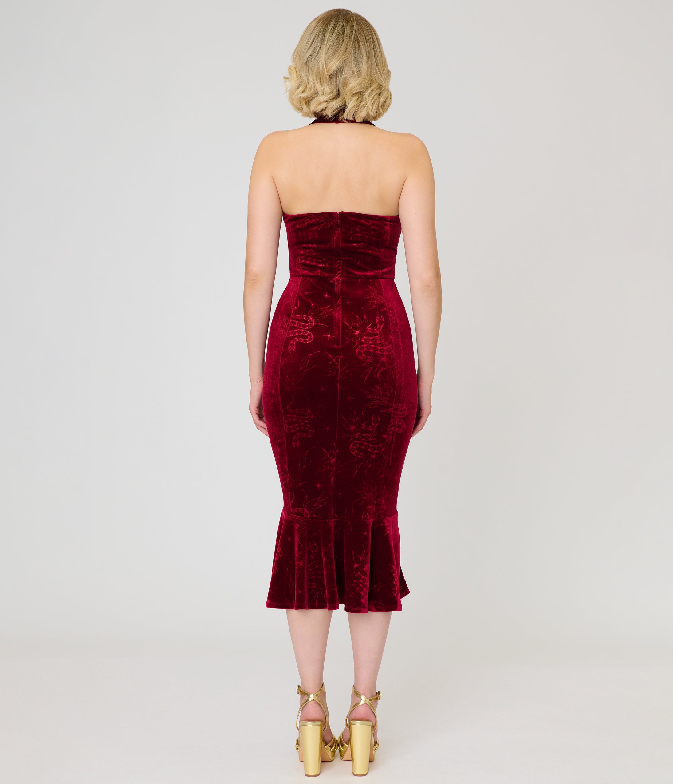 Unique Vintage Burgundy Velvet Embossed Halter Penelope Dress