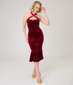 Unique Vintage Burgundy Velvet Embossed Halter Penelope Dress