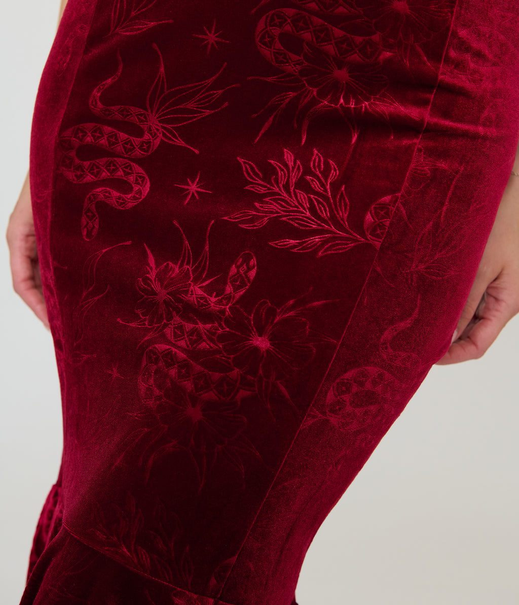 Unique Vintage Burgundy Velvet Embossed Halter Penelope Dress