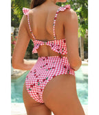 Red Gingham & Cherry Print Ruffle Bikini Set