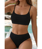 Black Textured 2pcs High Waist Bikini Swimsuit