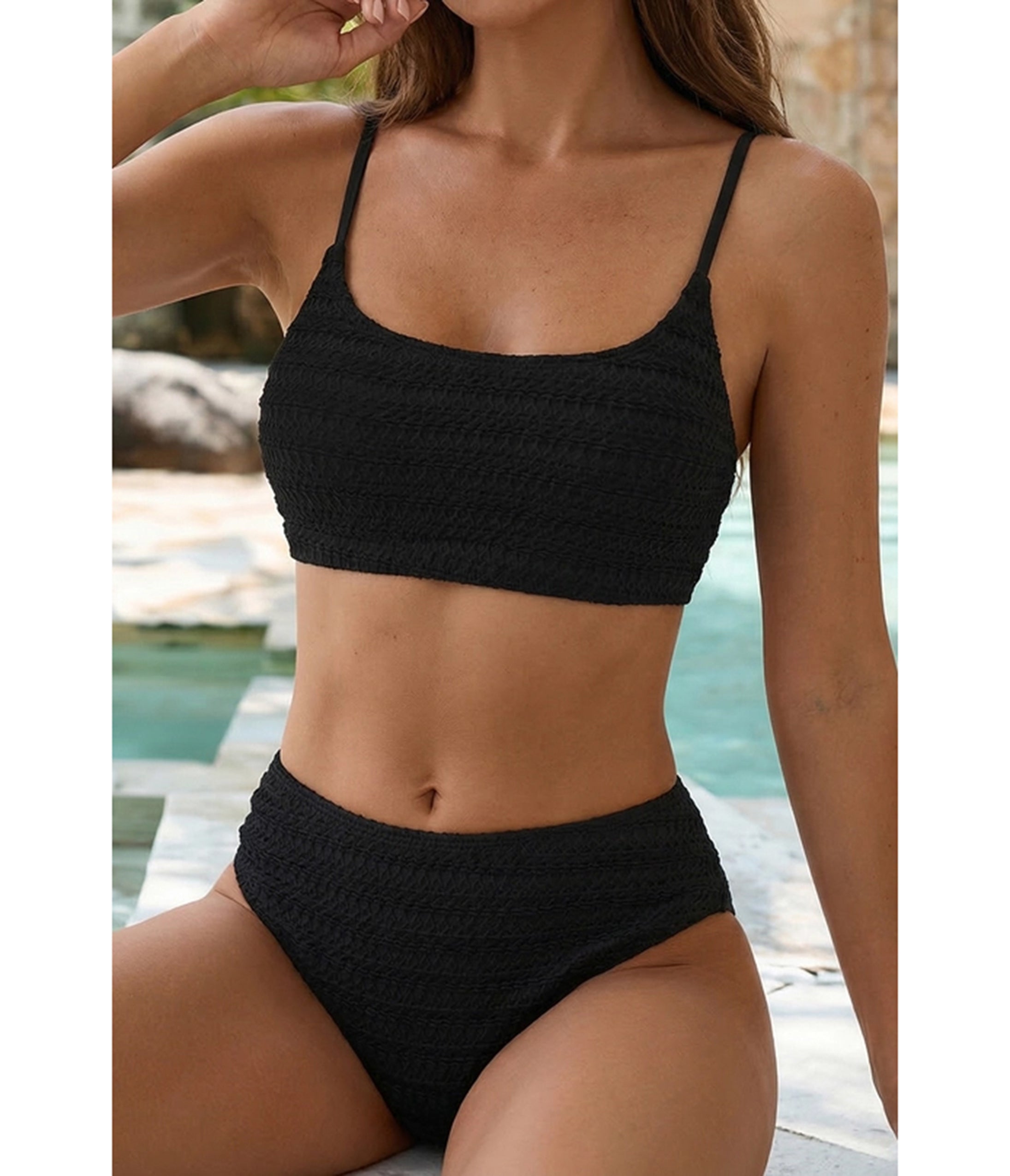 Black Textured 2pcs High Waist Bikini Swimsuit
