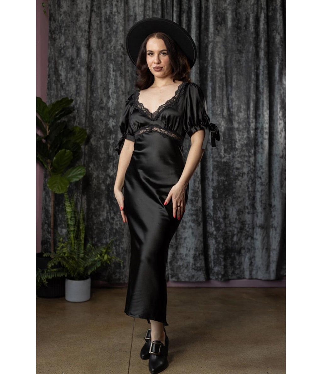 Witchwood Bags Black Satin Juliet Slip Maxi Dress