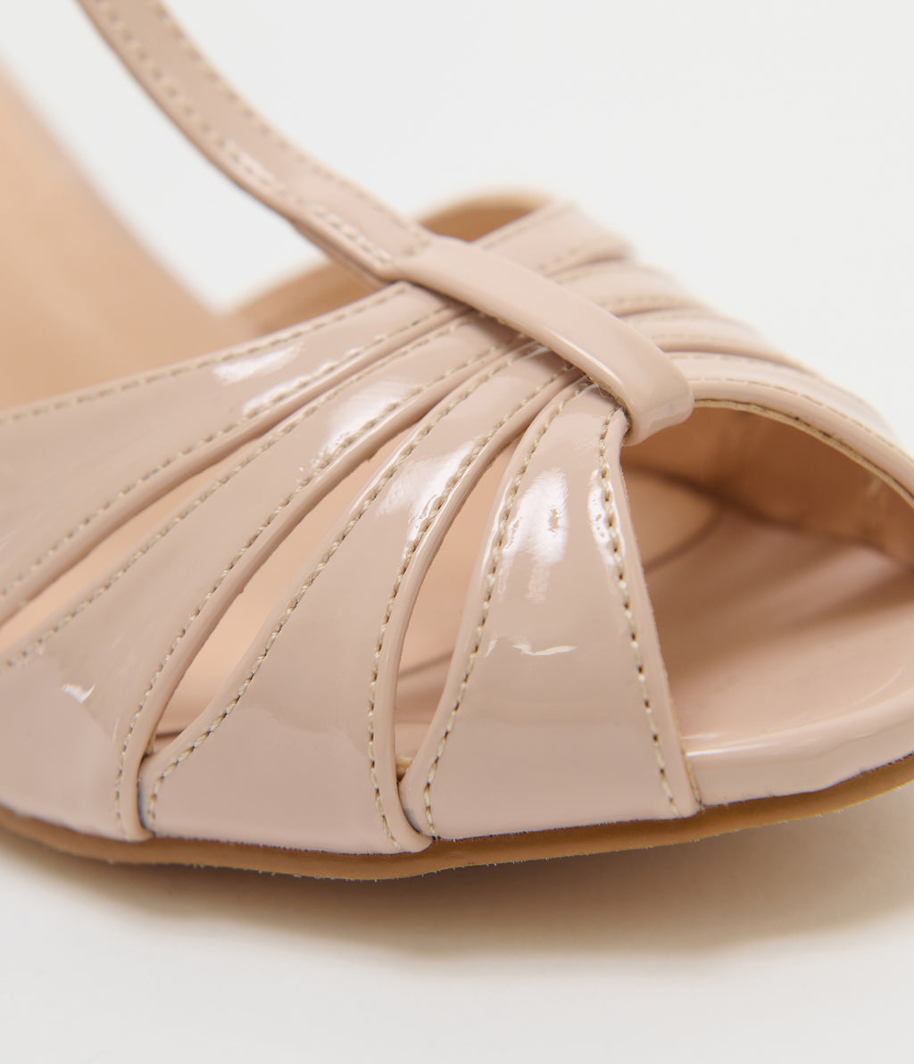 Unique Vintage Beige Patent Peep Toe T-Strap Heels
