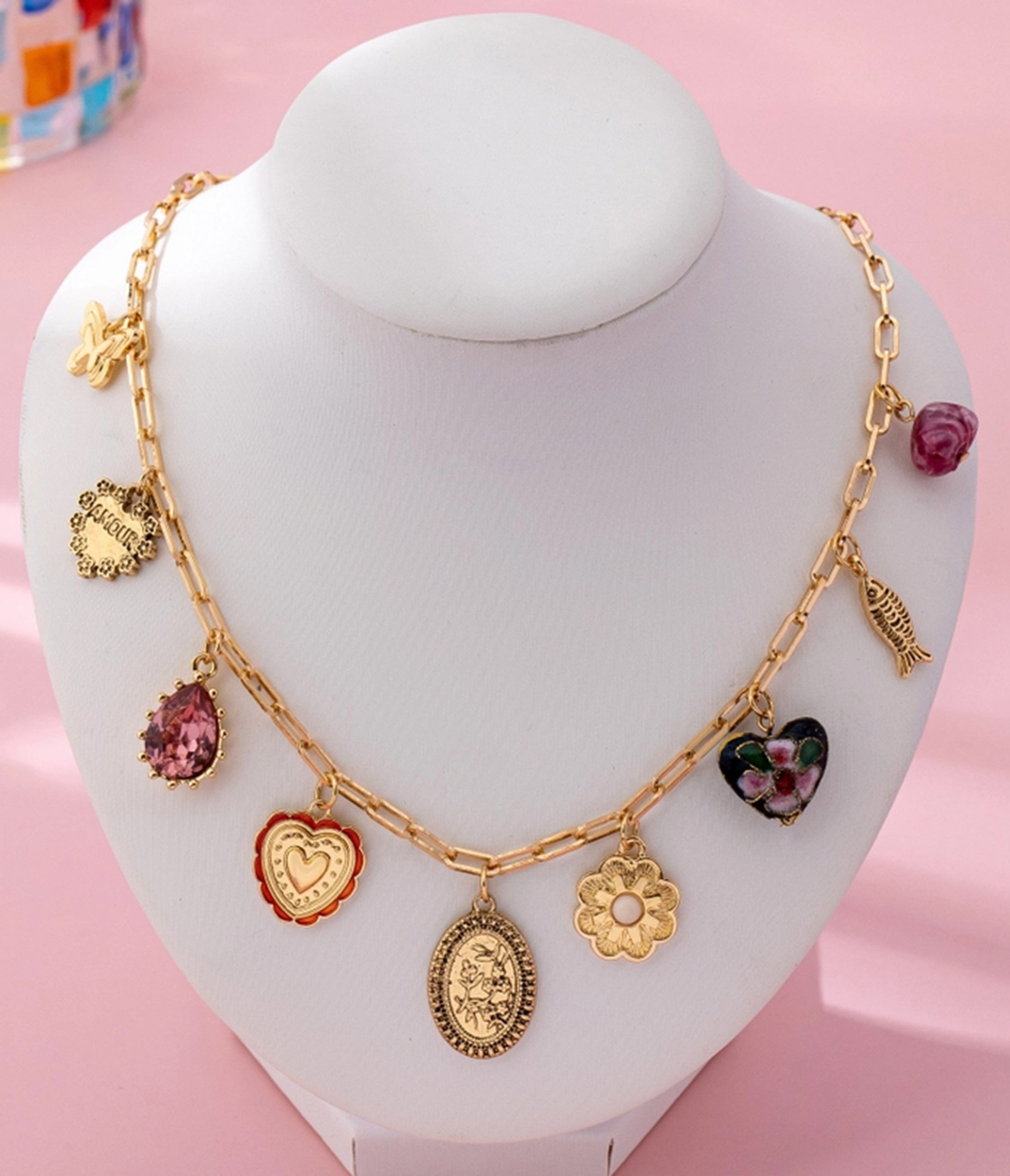 Gold Tone Multi Charm Necklace