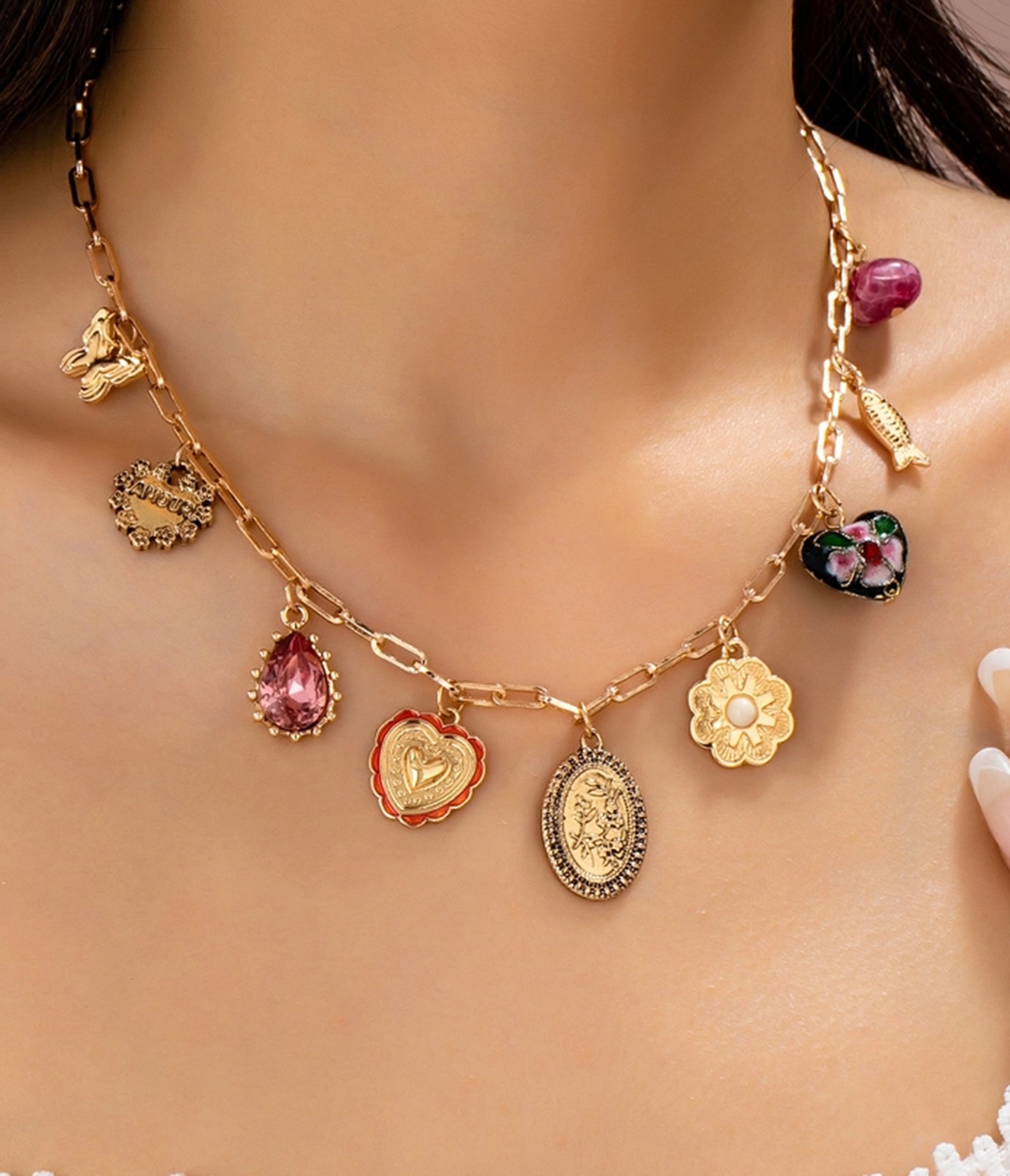 Gold Tone Multi Charm Necklace