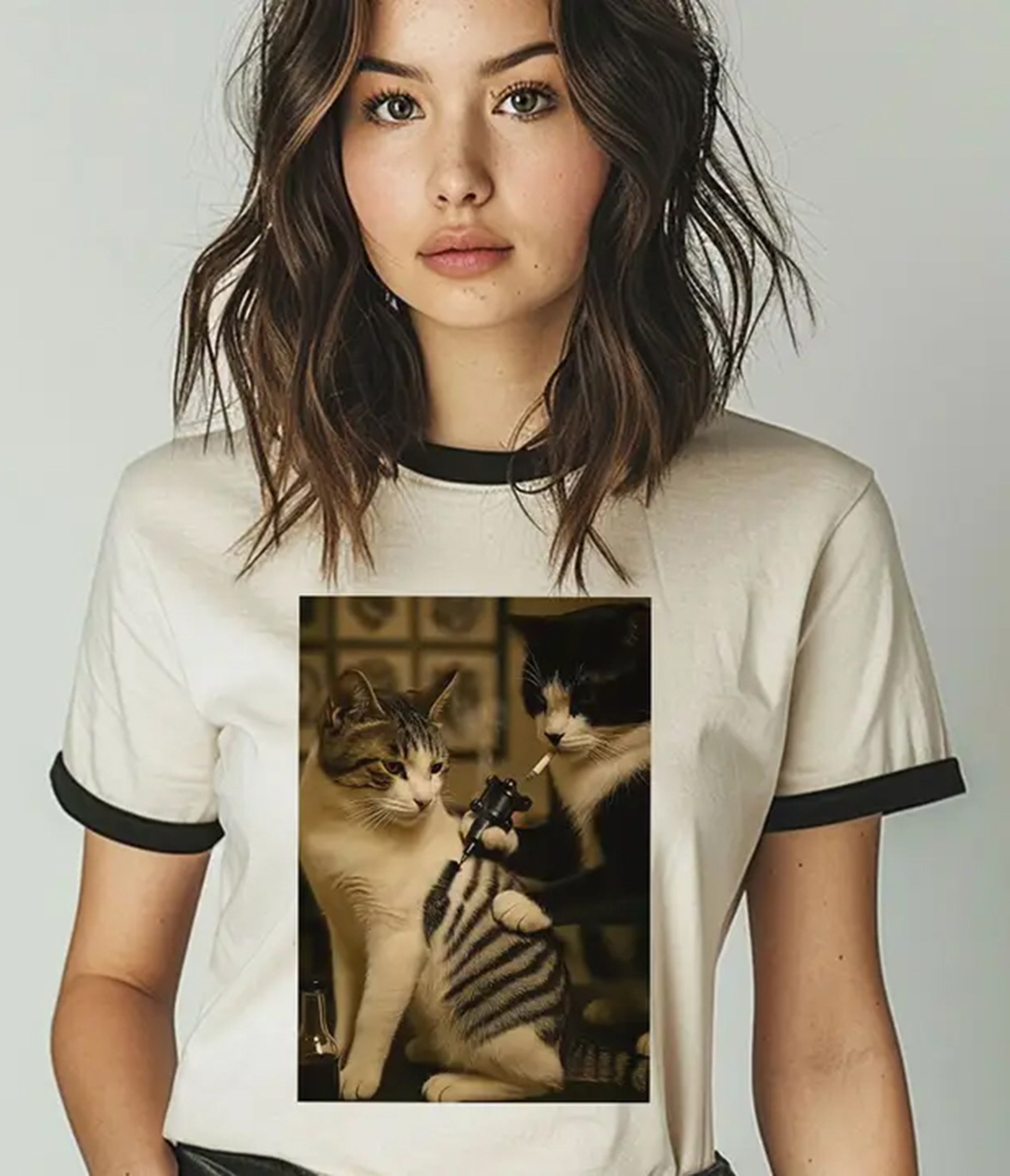 Cat Getting Tattoo Unisex Ringer Graphic Tee
