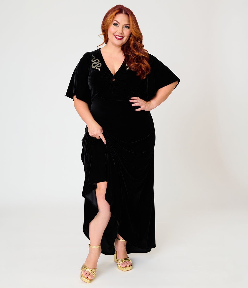 Smak Parlour Plus Size Black Velvet & Gold Snake Embroidered Nicole Maxi Dress