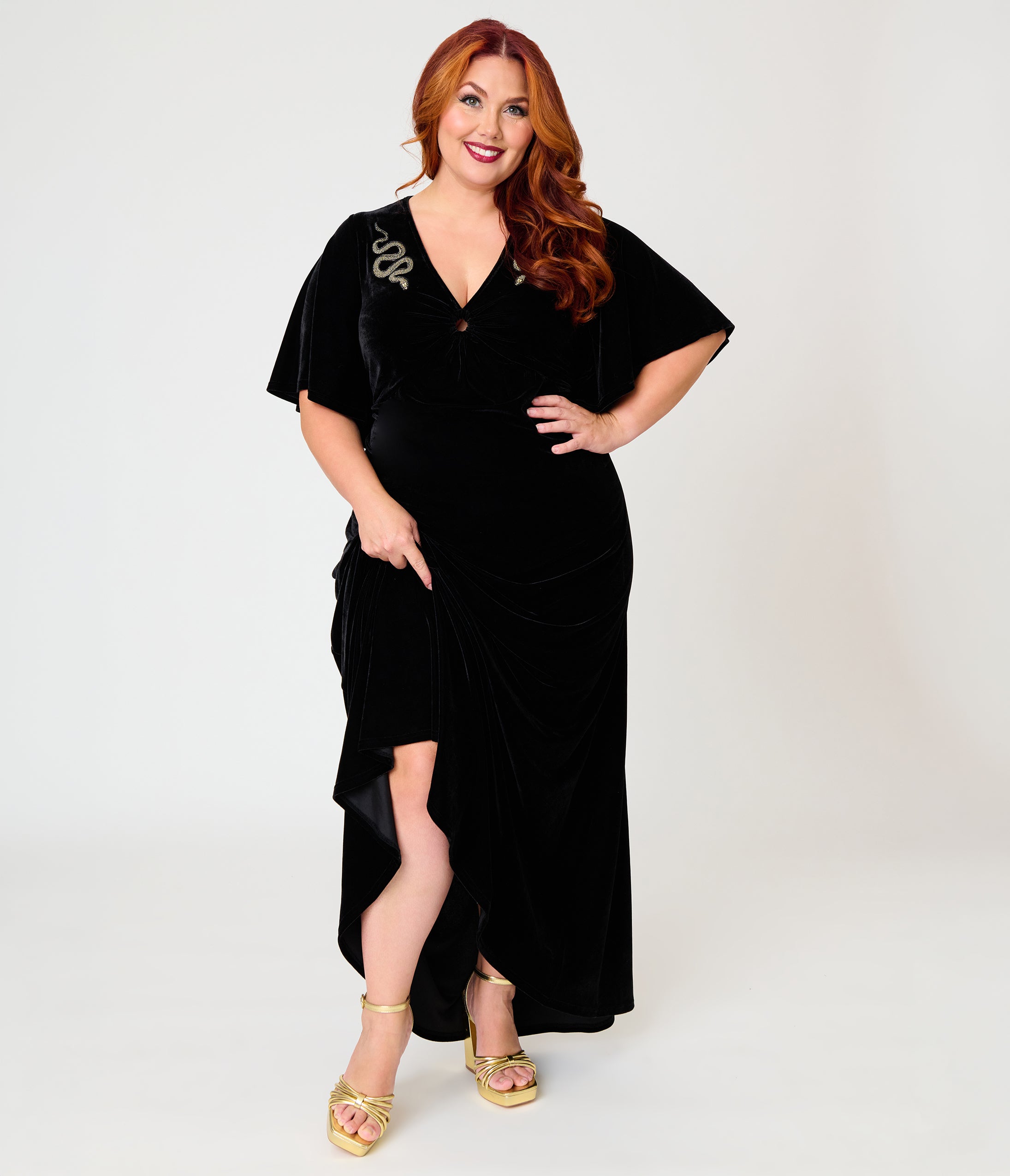 Smak Parlour Plus Size Black Velvet & Gold Snake Embroidered Nicole Maxi Dress