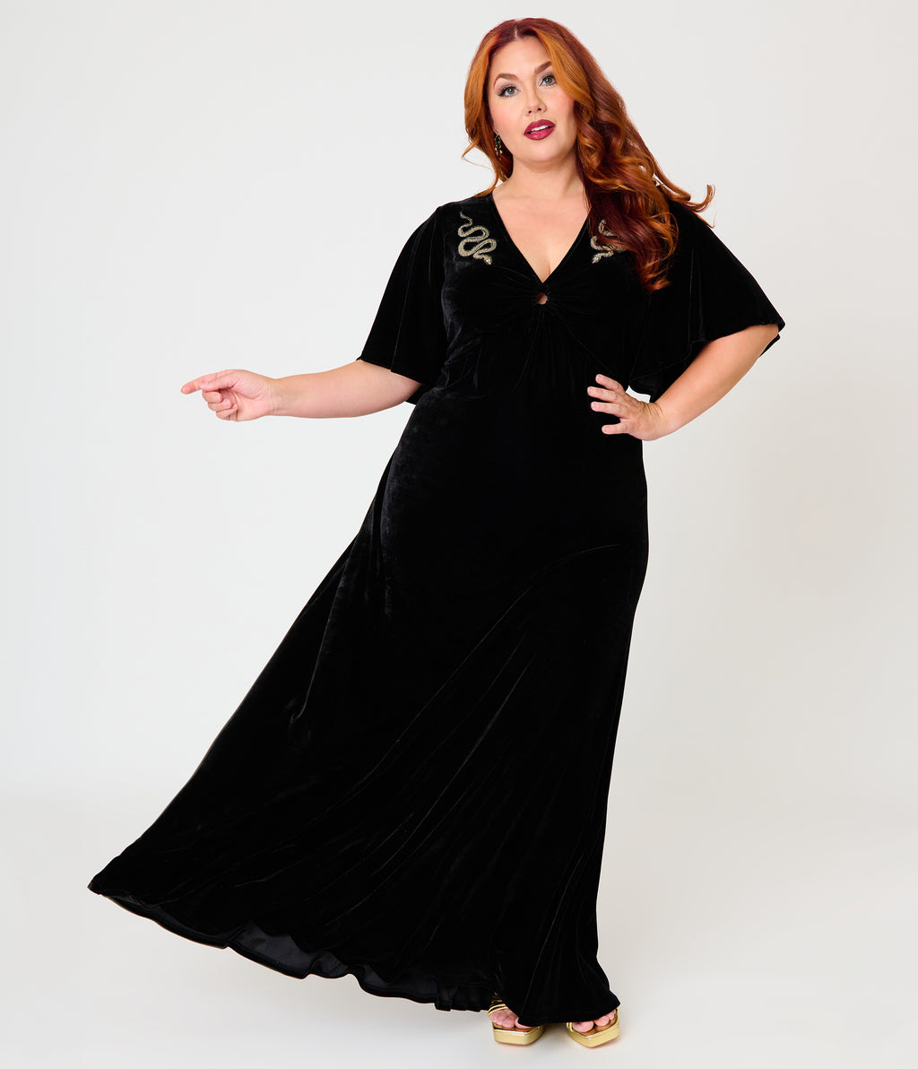 Smak Parlour Plus Size Black Velvet & Gold Snake Embroidered Nicole Maxi Dress