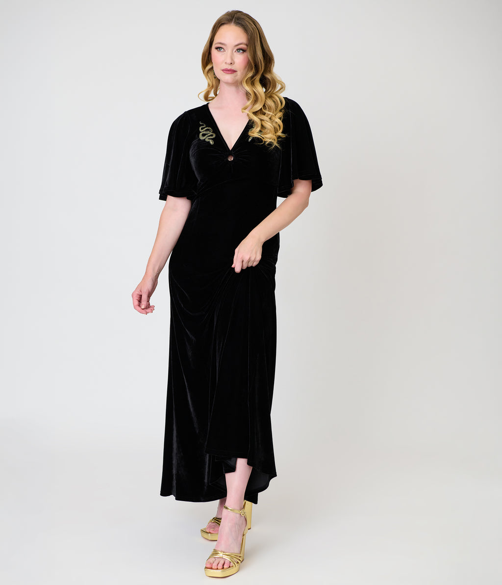Smak Parlour Black Velvet & Gold Snake Embroidered Nicole Maxi Dress