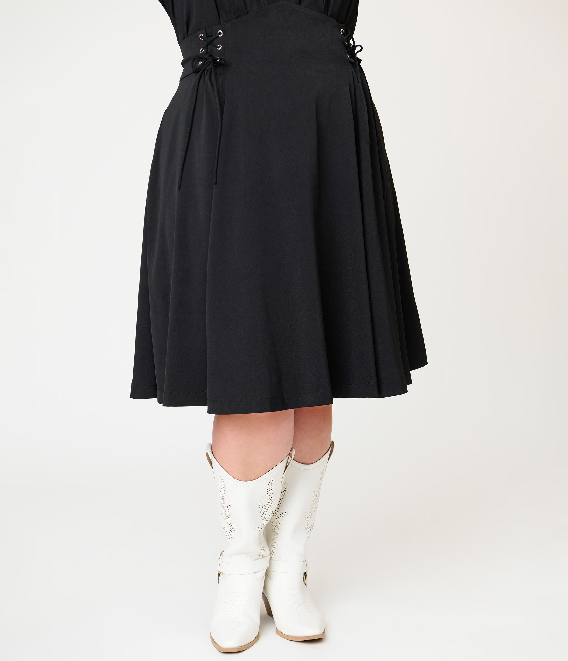 Unique Vintage Plus Size Black Lace Up Swing Skirt