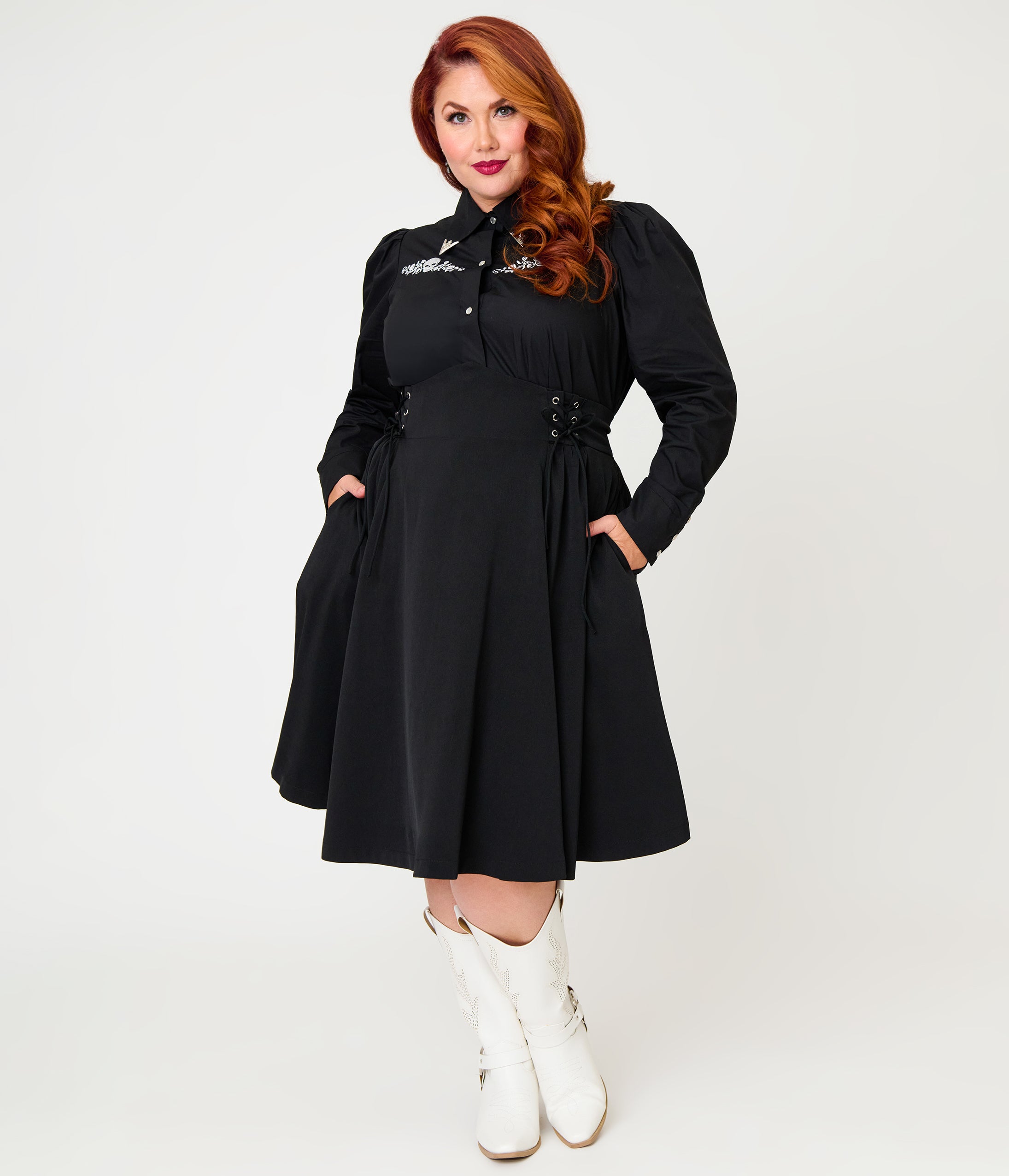 Unique Vintage Plus Size Black Lace Up Swing Skirt