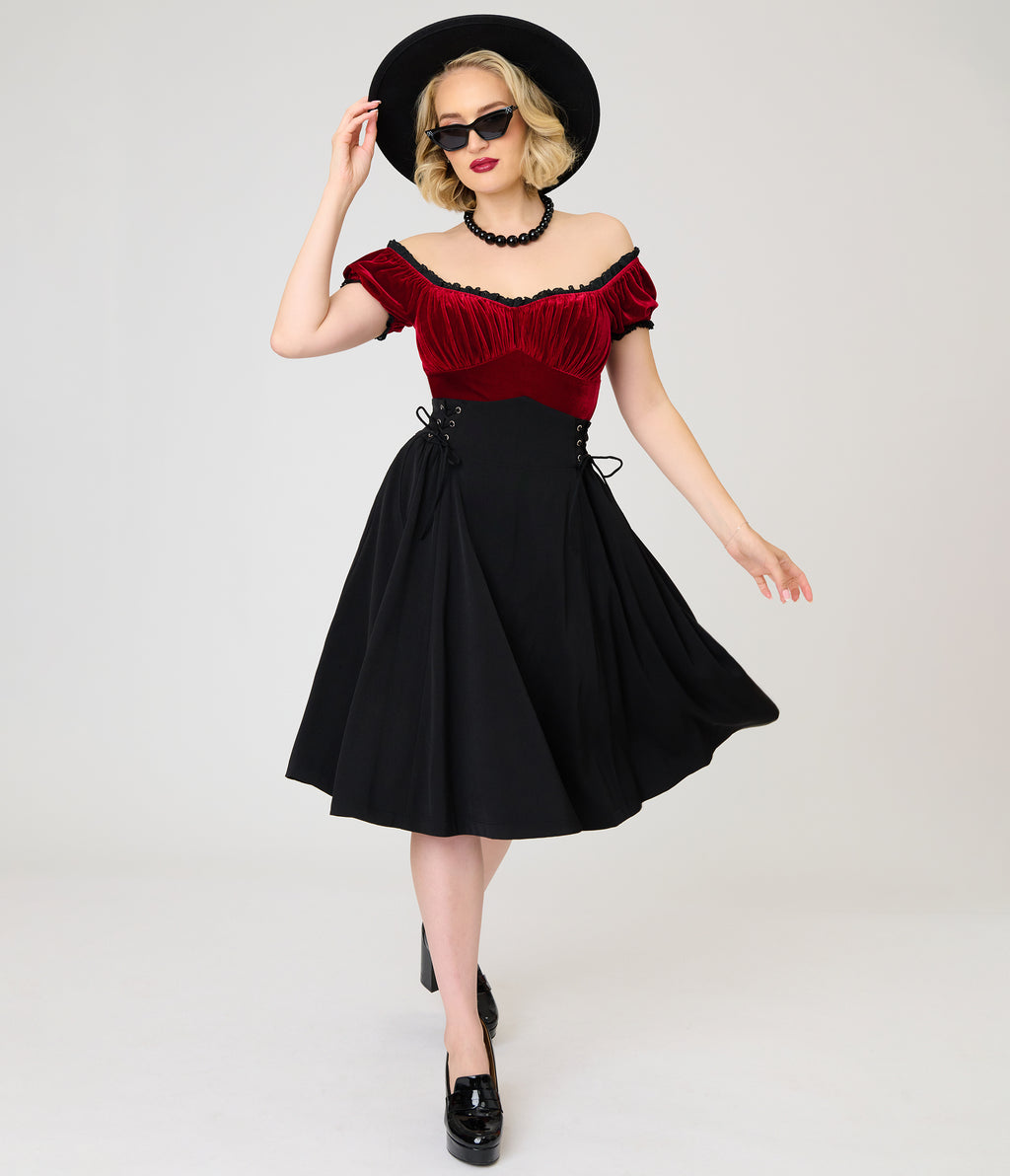 Unique Vintage Black Lace Up Swing Skirt