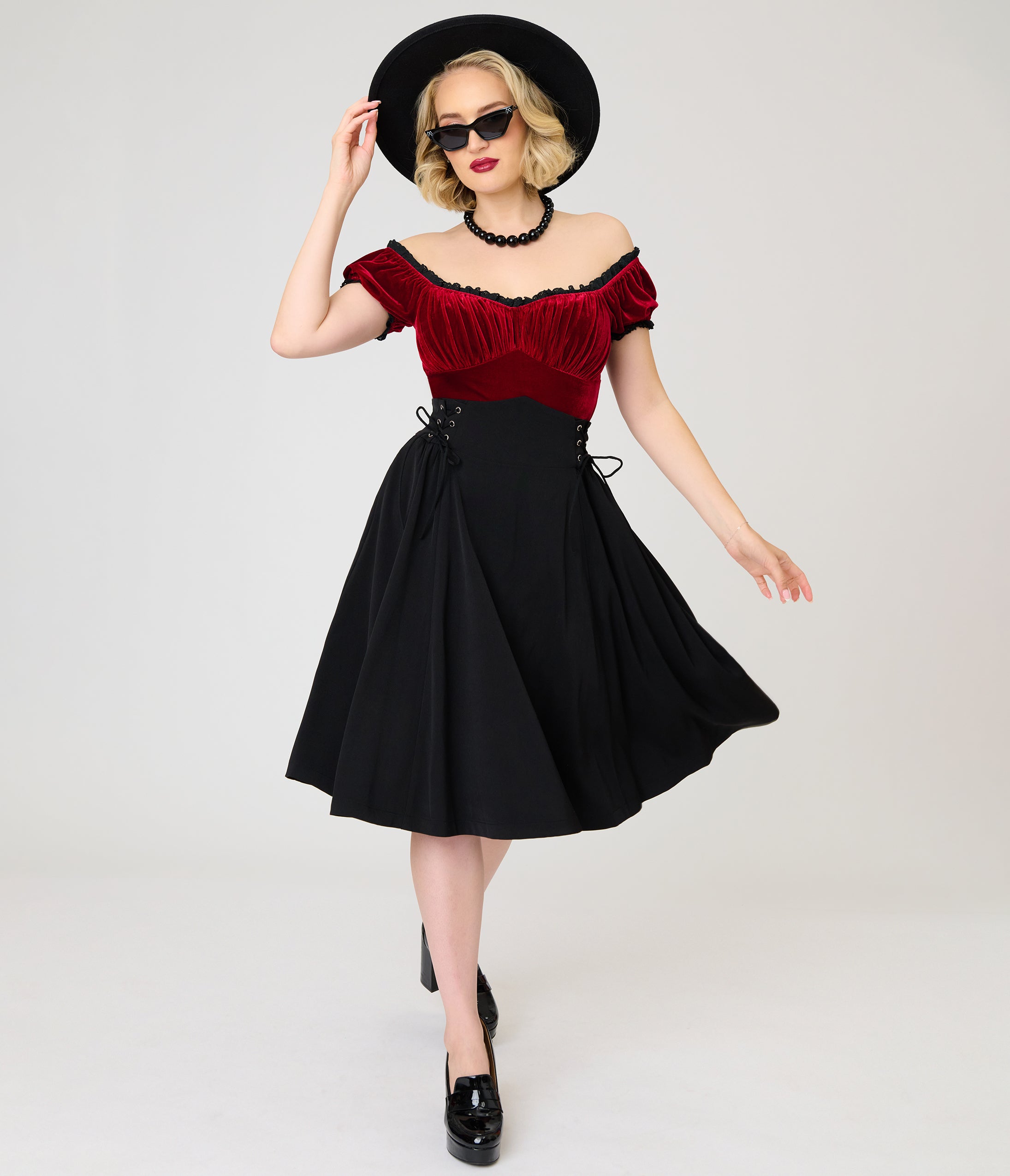 Unique Vintage Black Lace Up Swing Skirt