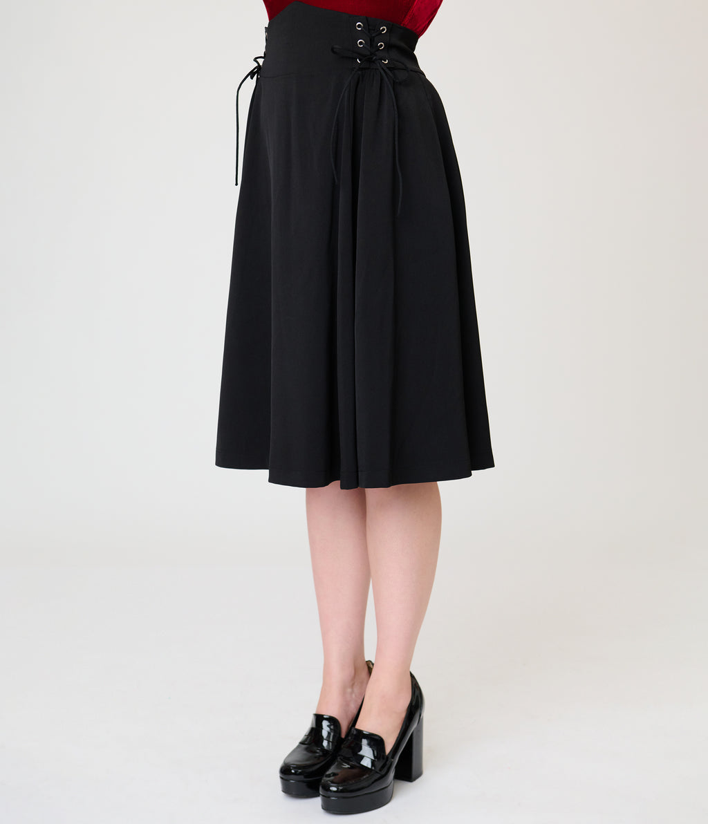 Unique Vintage Black Lace Up Swing Skirt