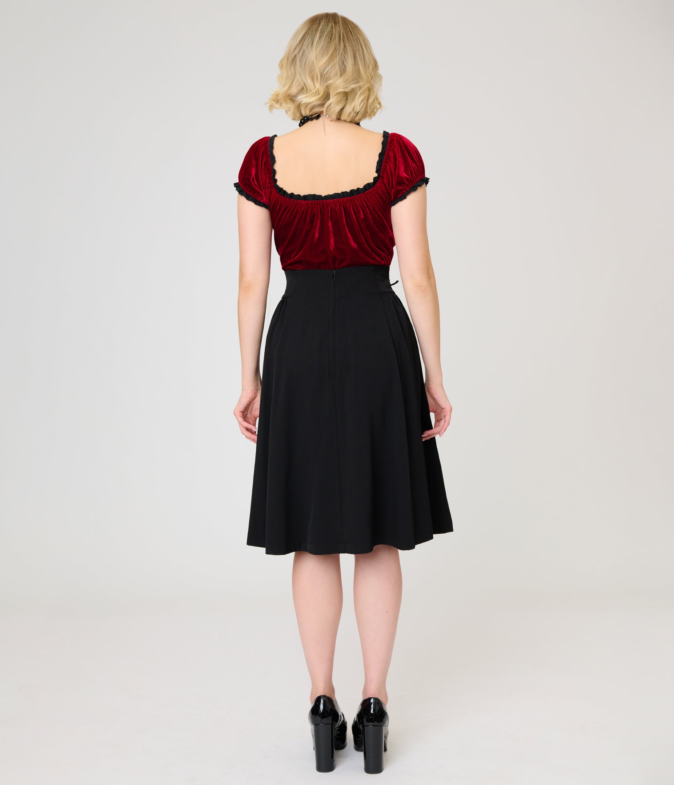Unique Vintage Black Lace Up Swing Skirt