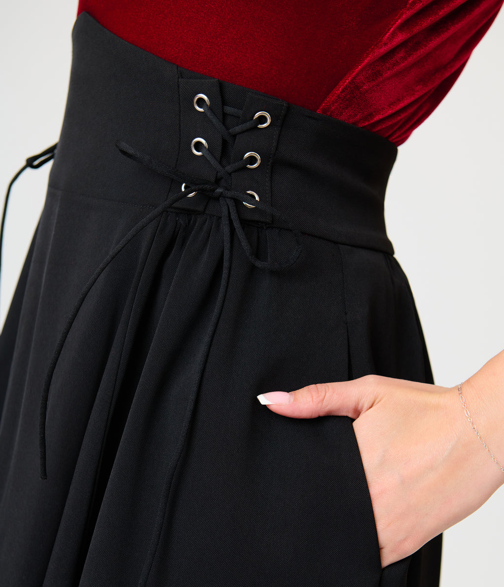 Unique Vintage Black Lace Up Swing Skirt