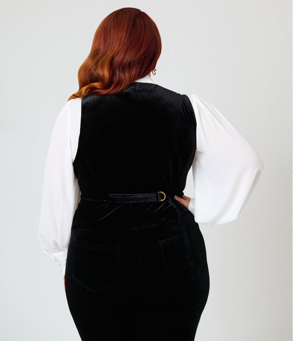 Unique Vintage Plus Size Black Velvet & Gold Snake Button Up Vest