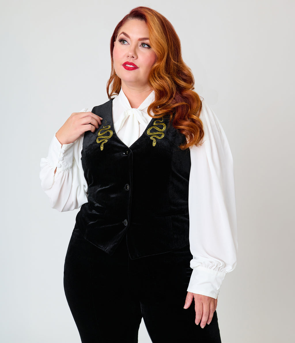 Unique Vintage Plus Size Black Velvet & Gold Snake Button Up Vest