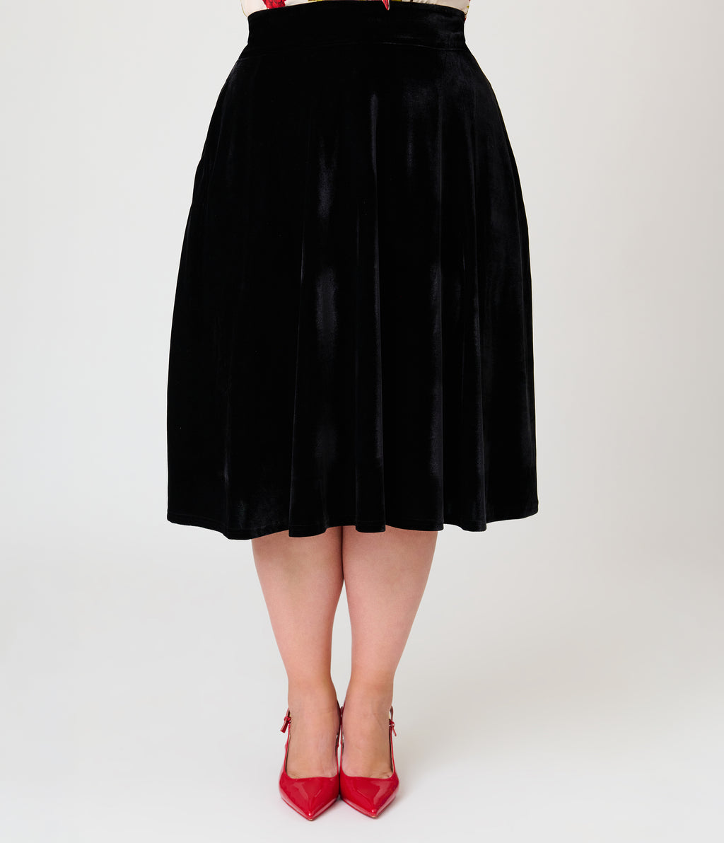 Unique Vintage Plus Size Black Velvet Vivien Swing Skirt